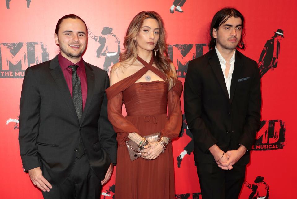 Prince Jackson (left), Paris Jackson and Bigi Jackson attend the opening night of "MJ: The Musical" at Prince Edward Theatre on March 27, 2024, in London.