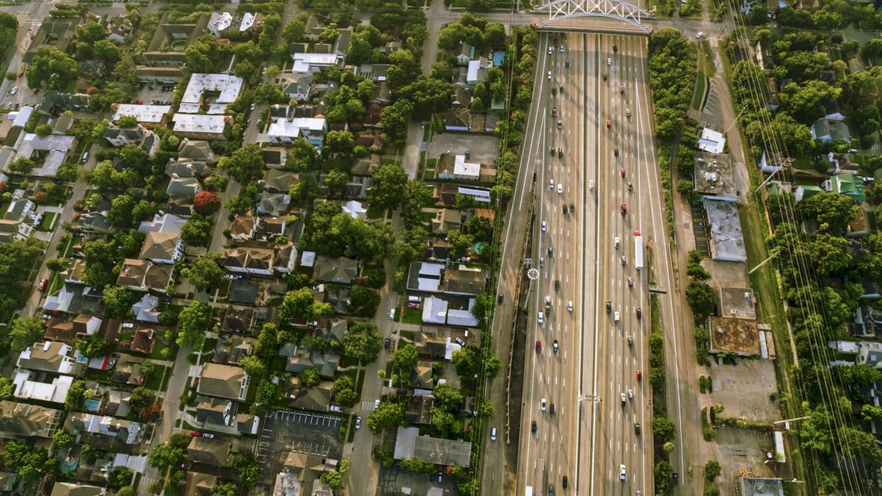 Aerial view of wide freeway in Houston, Texas, USA.