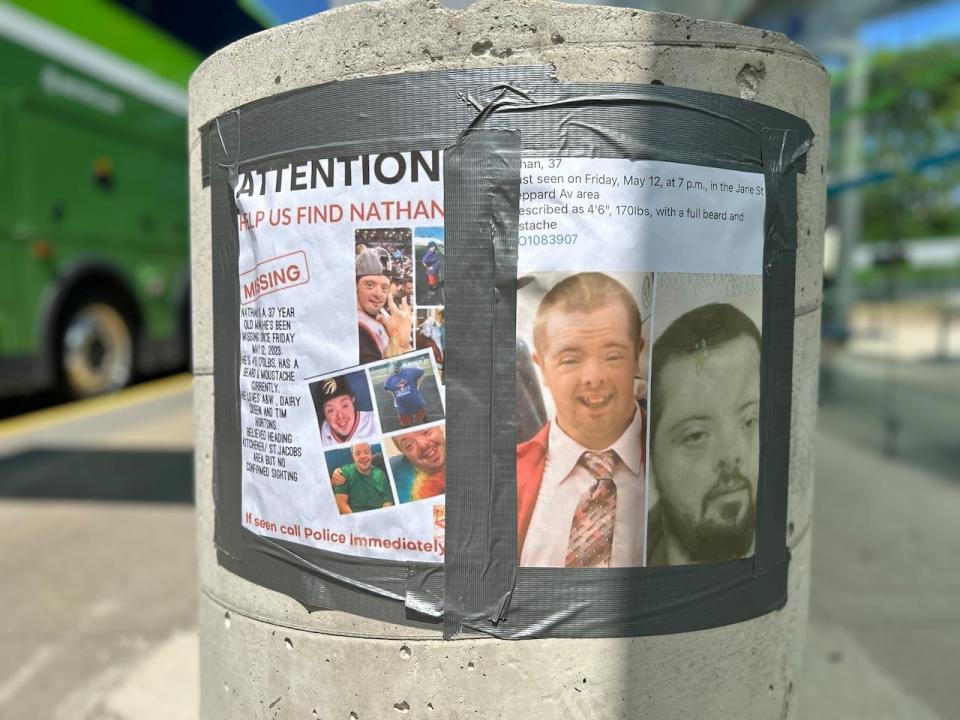 A missing person poster giving information about 37-year-old Nathan, who has been missing since May 12, has been tapped to a pole at the bus station in downtown Guelph.