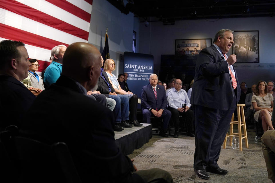 Republican Presidential candidate former, New Jersey Gov. Chris Christie addresses a gathering, Tuesday, June 6, 2023, in Manchester, N.H. Christie filed paperwork Tuesday formally launching his bid for the Republican nomination for president after casting himself as the only candidate willing to directly take on former President Donald Trump. (AP Photo/Charles Krupa)