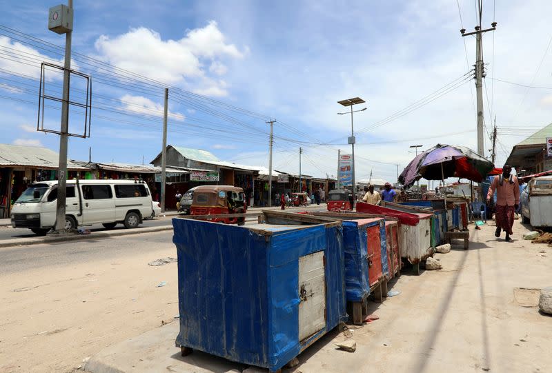 Makeshift khat stimulants stalls are seen abandoned along the street amid concerns about the spread of coronavirus disease (COVID-19), in Mogadishu