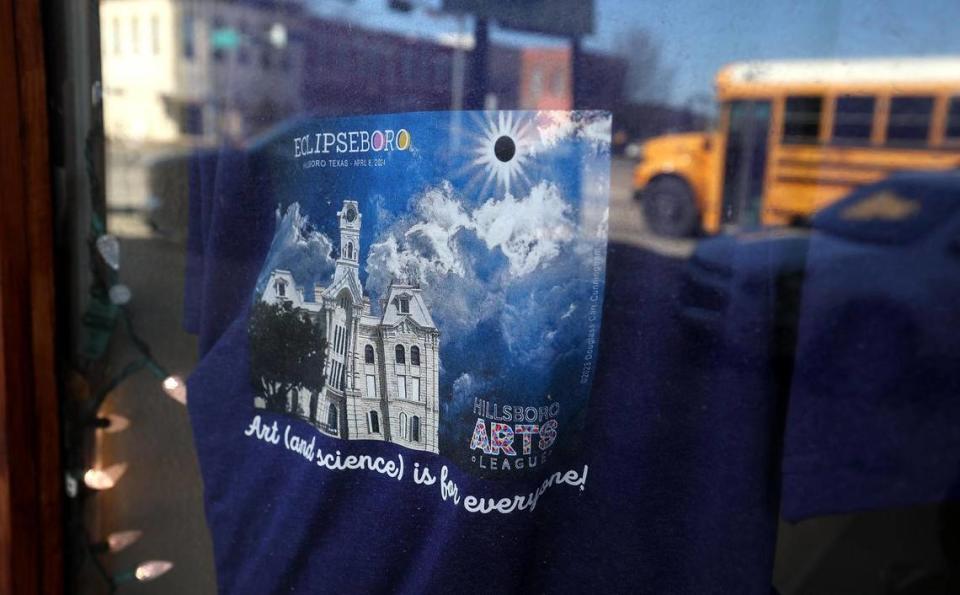 A t-shirt promoting Hillsboro as a viewing location for the April 8 total solar eclipse hangs in the window of a downtown business on Thursday, February 22, 2024. Hillsboro has been identified as one of the top spots to see the upcoming total solar eclipse.