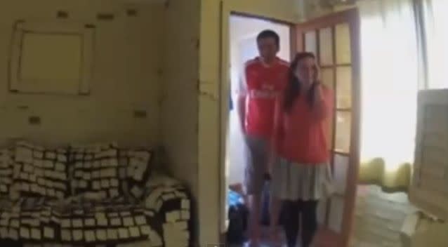 A hidden camera captured the reactions of the new Mr. and Mrs. Pharro. Photo: YouTube.