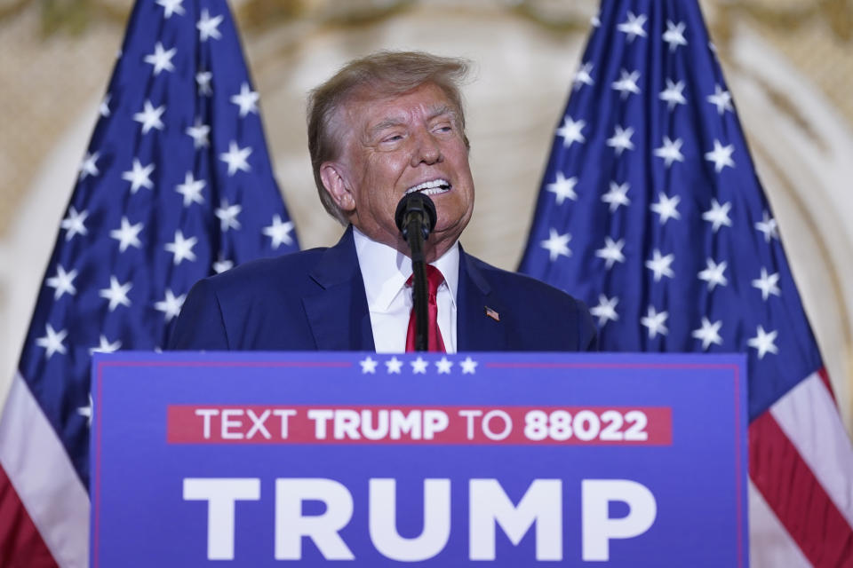 Former President Donald Trump speaks at his Mar-a-Lago estate Tuesday, April 4, 2023, in Palm Beach, Fla., after being arraigned earlier in the day in New York City. (AP Photo/Evan Vucci)