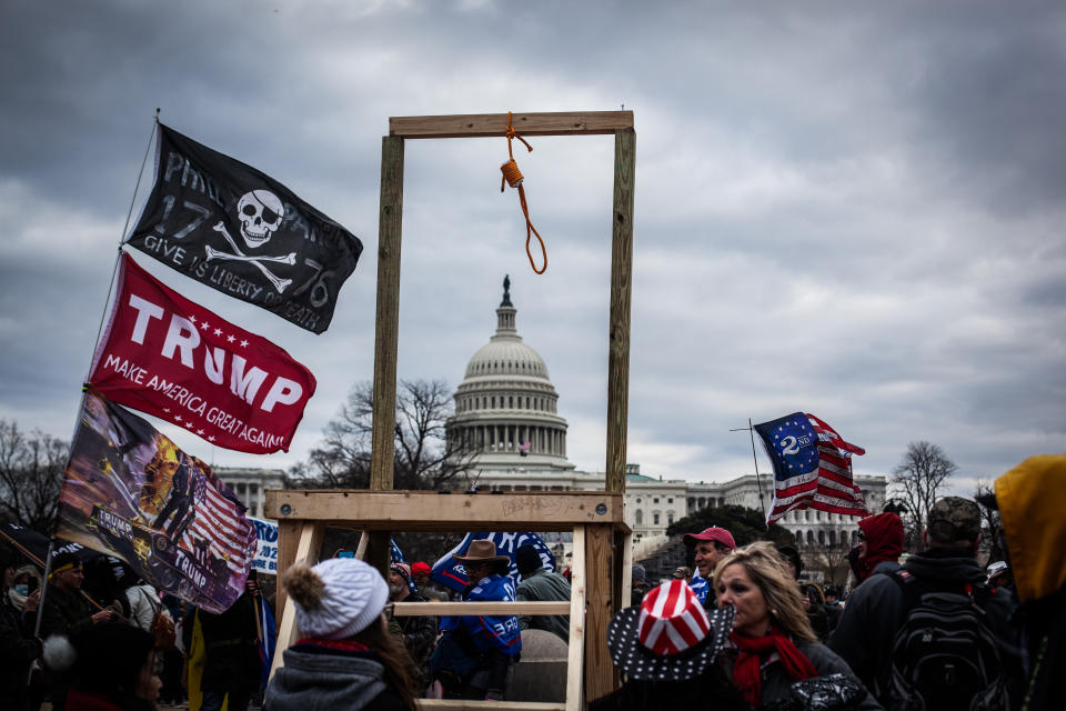 Trump supporters, some holding banners and flags, gather around a makeshift gallows near the Capitol.