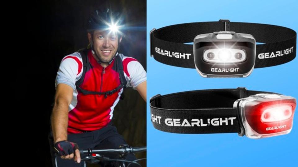 a man wearing a headlamp and a set of two headlamps