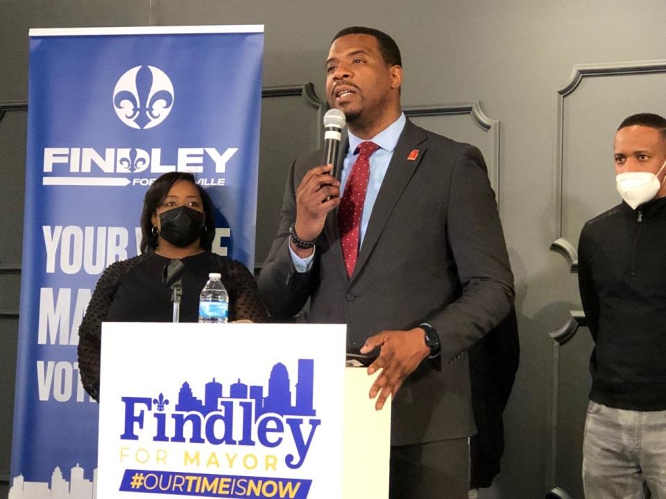 Tim Findley Jr. shares his public safety-related priorities for his Louisville mayoral campaign during a Feb. 1, 2022, event at 1619 The Gathering Place, 1619 W. Main St.