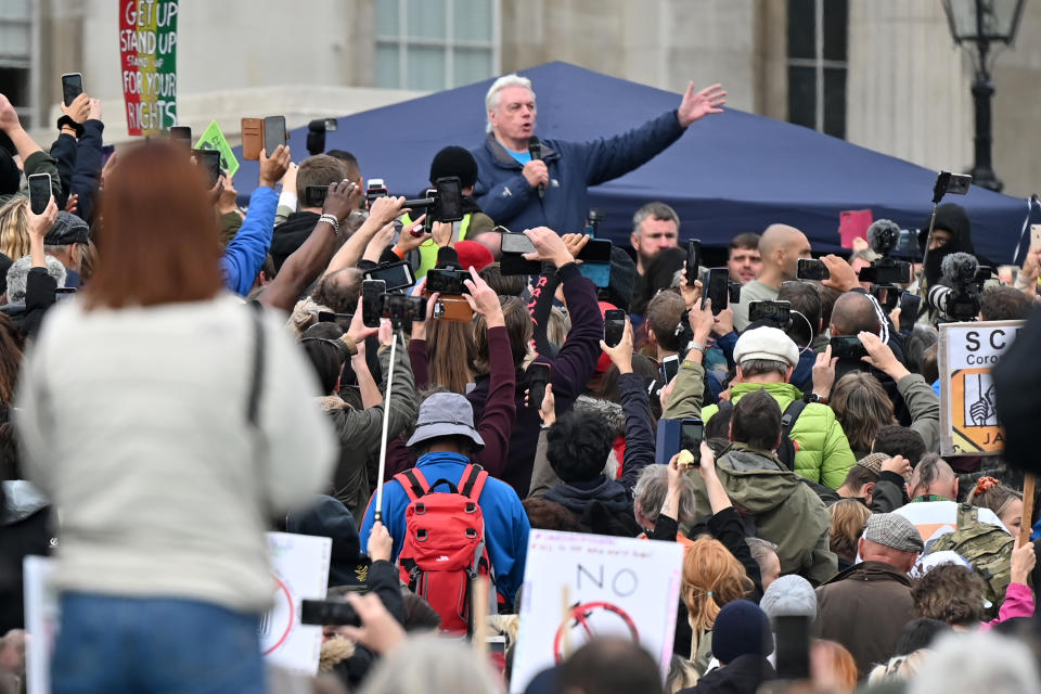 British 'conspiracy theorist' David Icke, speaks at a gathering of protesters in Trafalgar Square in London on September 26, 2020, at a 'We Do Not Consent!' mass rally against vaccination and government restrictions designed to fight the spread of the novel coronavirus, including the wearing of masks and taking tests for the virus. (Photo by JUSTIN TALLIS / AFP) (Photo by JUSTIN TALLIS/AFP via Getty Images)