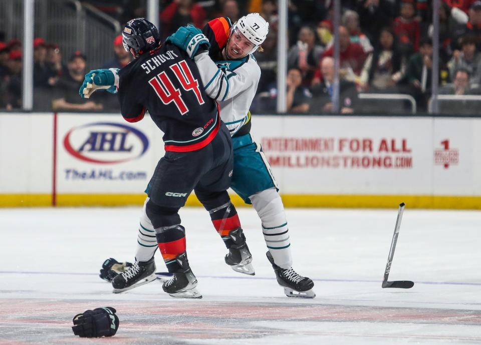 Jimmy Schuldt, 44, of the CV Firebirds gets into a fight with Valtterri Pulli of San Jose after Schuldt flattened a Barracuda player during their game against the San Jose at Acrisure Arena in Palm Desert, Calif., Feb. 28, 2024.