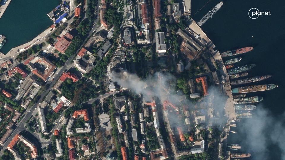 This handout satellite image released on September 23, 2023 by Planet Labs PBC shows an aerial view of the city of Sevastopol after a missile attack struck the headquarters of Moscow's Black Sea fleet in annexed Crimea on September 22, 2023.