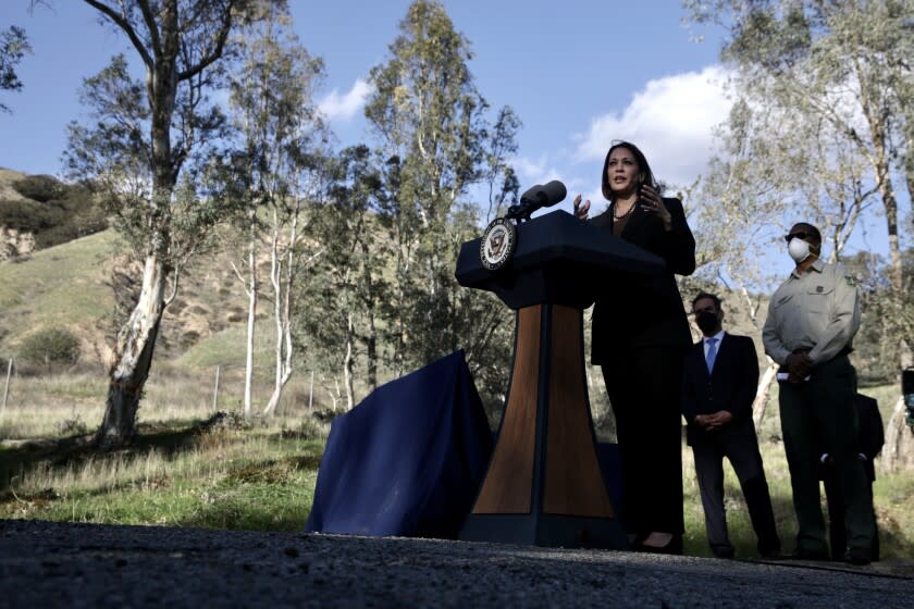 Vice President Kamala Harris announces that federal government will provide California $600 million to help the state recover from a historically severe wildfire season, at press conference held US Forest Del Rosa Fire Station in San Bernardino