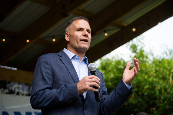 UNITED STATES - AUGUST 18: Marcus Molinaro, Republican candidate for the New York 19th Congressional district, speaks during the special election candidate forum at the Roscoe Beer Co. in Roscoe, N.Y.  on Thursday, August 18, 2022. (Bill Clark/CQ-Roll Call, Inc via Getty Images)