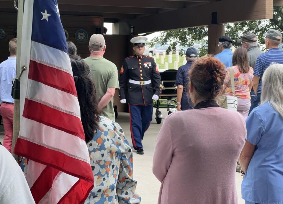 Dozens of people attended the funeral of local Marine veteran James Brooks at the Dayton National Cemetery Thursday. Brooks died at the Dayton VA recently, but had no known family members. (Xavier Hershovitz/Staff)