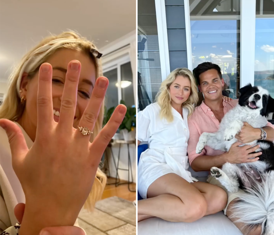 Bachelor Jimmy Nicholson and Holly Kingston posing with her diamond ring and their dog Billy.