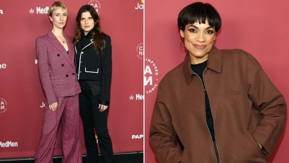 (Left) Mickey Sumner and Lake Bell attend the Cann-Do Holiday Campaign Premiere Event; (Right) Rosario Dawson at the Cann-do Holiday Party.