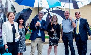 HAP COO Anne Cavanaugh, Representative/HAP board member Kim Williams , HAP CEO Patrick Carroll, Senator Kyle Evans Gay, Senator/HAP board member Jack Walsh, and HAP Board Member Nello Paoli celebrate together at Humane Animal Partner's Stanton/Christiana location.