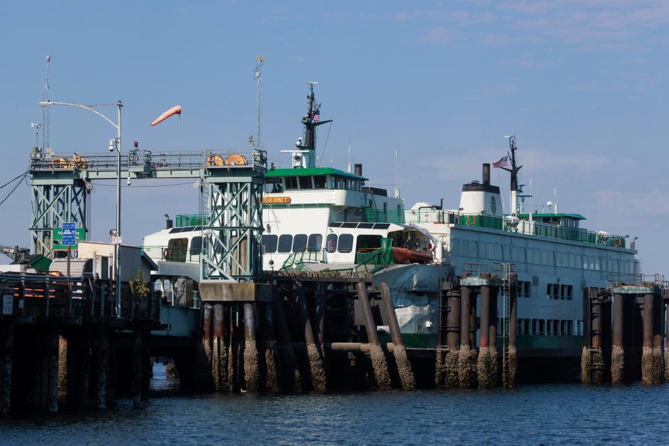 The damaged ferry Cathlamet ferry sits at the Fauntleroy dock in West Seattle in 2022.