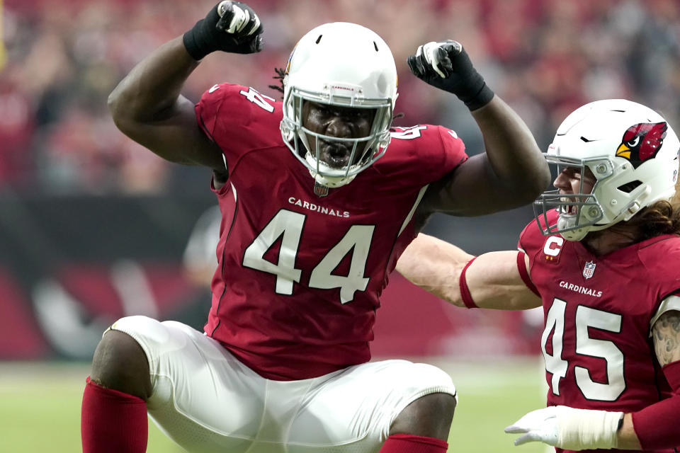 Arizona Cardinals linebacker Markus Golden (44) celebrates his sack against the Houston Texans during the first half of an NFL football game, Sunday, Oct. 24, 2021, in Glendale, Ariz. (AP Photo/Darryl Webb)