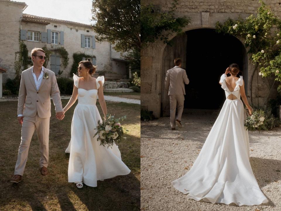 A side-by-side of a bride and groom walking ontheir wedding day.