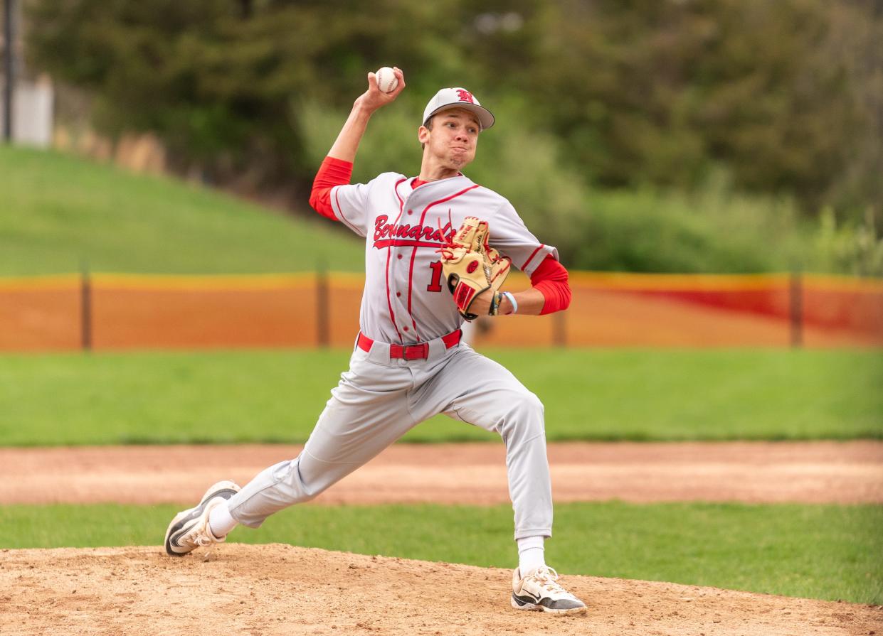 Bernards' Evan Hoeckele (1) pitches a no-hitter against Voorhees on Thursday, April 18, 2024 afternoon at the field at Voorhees High School in Glen Gardner.