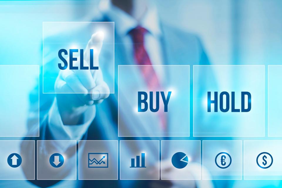 A graphic of a person presented with selling, buying, or holding a stock