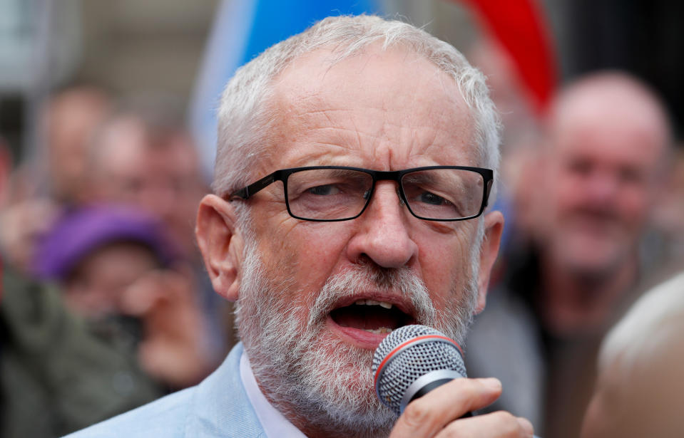 Britain's opposition Labour Party leader Jeremy Corbyn speaks during an anti-Brexit demonstration at George Square in Glasgow