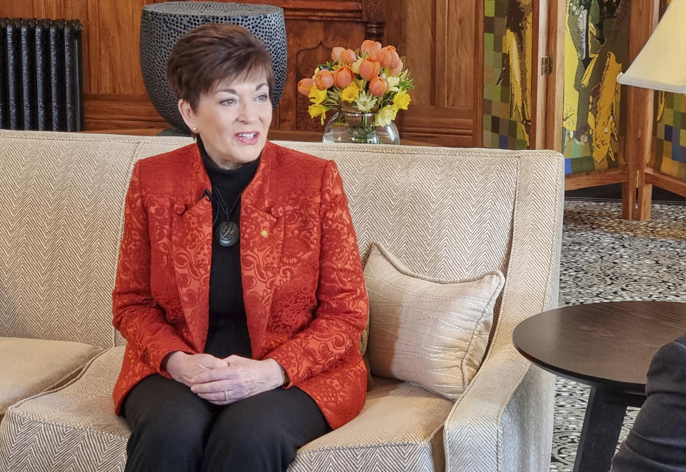 New Zealand’s Governor-General Patsy Reddy speaks during an interview with the Associated Press, Wednesday, Aug. 4, 2021, in Wellington, New Zealand. Reddy says Prince Harry and Meghan discussed moving to New Zealand during a 2018 visit, more than a year before announcing they were stepping back from royal duties and moving to North America. (AP Photo Sam James)