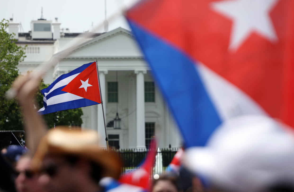 WASHINGTON, DC - JULY 26: Cuban flags are seen during a Cuban freedom rally near the White House on July 26, 2021 in Washington, DC. Cuban activists and demonstrators held a rally to urge the American government to intervene in Cuba to support human rights and end Communism in Cuba. (Photo by Kevin Dietsch/Getty Images)