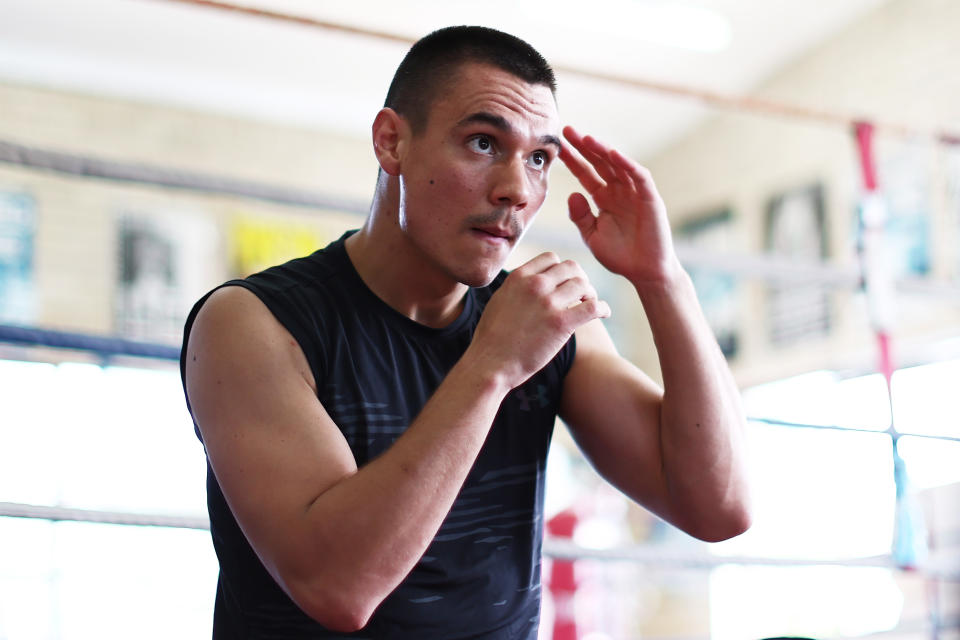 SYDNEY, AUSTRALIA - MARCH 01: Tim Tszyu warms up during a Tim Tszyu open training session at PCYC Rockdale on March 01, 2023 in Sydney, Australia. (Photo by Matt King/Getty Images)