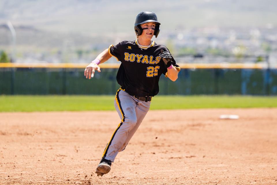 Roy’s Tyler Clark rounds third base against Westlake during the first round of the 6A boys baseball state playoffs at Westlake High School in Saratoga Springs on Monday, May 15, 2023. | Ryan Sun, Deseret News