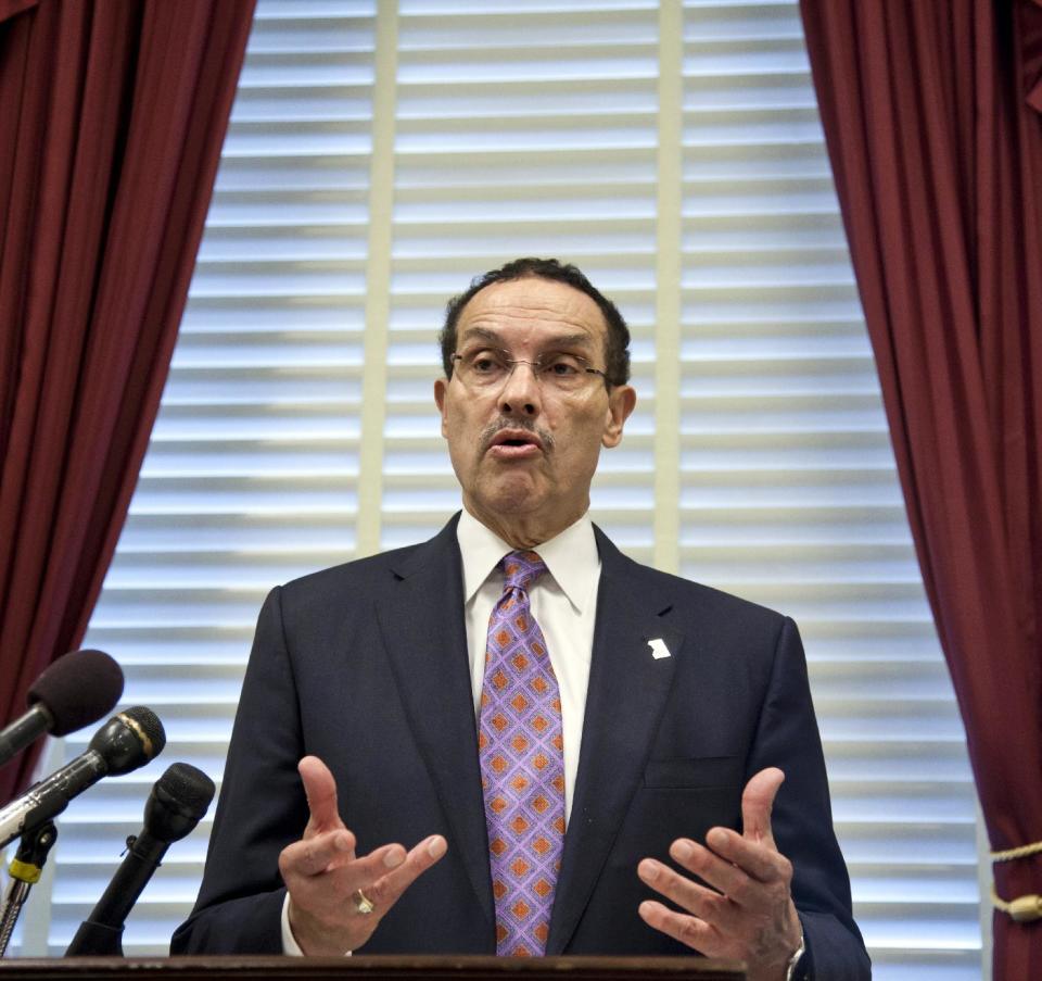 FILE - In this May 29, 2012 file photo, Washington Mayor Vincent Gray speaks at a news conference on Capitol Hill in Washington. Some District of Columbia leaders say they’re disappointed that President Barack Obama hasn’t been more of an advocate for local autonomy in his first term. Obama carried the district in 2008 with 92 percent of the vote, an unusually high percentage even in this overwhelmingly Democratic city. The president also hasn’t appeared in public with Mayor Vincent Gray since the mayor took office. The mayor’s 2010 campaign is the subject of a wide-ranging federal investigation. (AP Photo/J. Scott Applewhite, File)