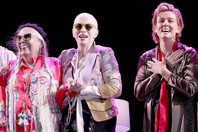 <p>Gary Miller/Getty</p> Brandi Carlile, Joni Mitchell and Annie Lennox during "Joni Jam" in June