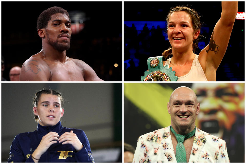 Clockwise from left, four of the UK's world boxing champions: Anthony Joshua, Terri Harper, Tyson Fury, Savannah Marshall. (Getty Images/PA)