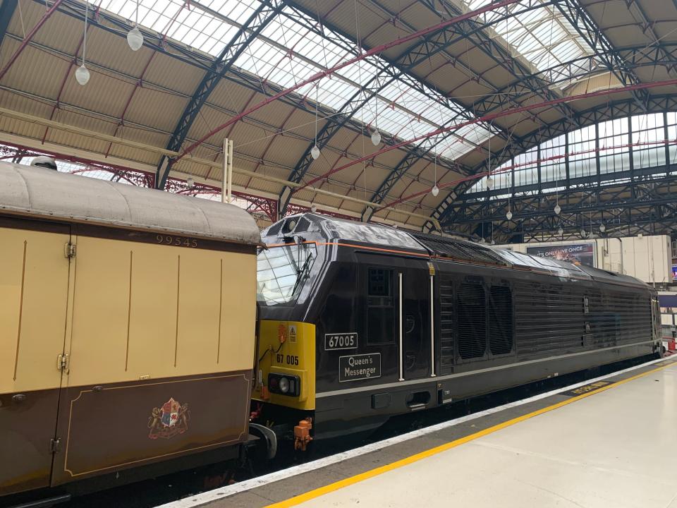 The British Pullman train at Victoria Station, London.