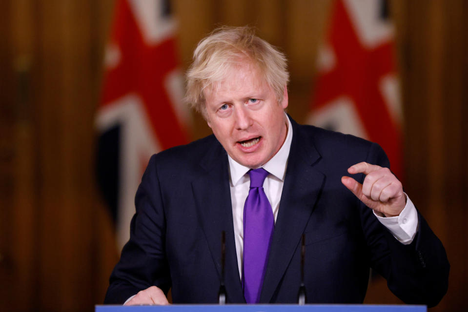 Prime Minister Boris Johnson during a media briefing on coronavirus (COVID-19) in Downing Street, London. (Photo by John Sibley/PA Images via Getty Images)