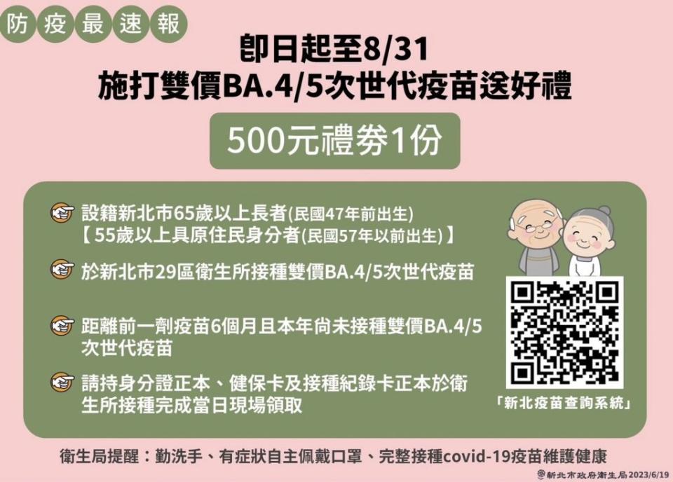 新北市政府推出「長者暑期疫苗接種專案」，呼籲長者踴躍接種疫苗，及早獲得保護力。（新北市衛生局提供）