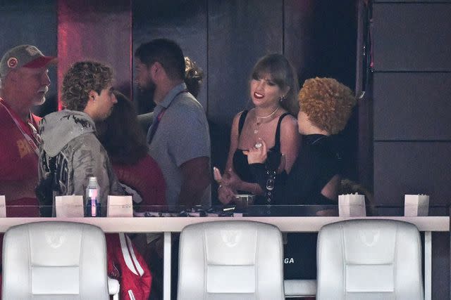 <p>Anthony Behar/Sipa USA</p> RiotUSA, Taylor Swift and Ice Spice attend 2024 Super Bowl in Las Vegas on Feb. 11, 2024