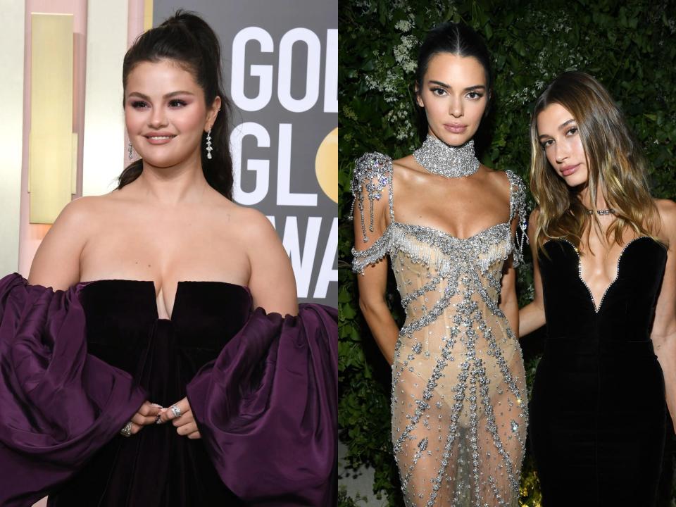 left: selena gomez at the 2023 golden globes. she's wearing a strapless gown with a black body and neckline that shows her cleavage, as well as large purple sleeves that cinch at her biceps and wrists. her hair is styled in a ponytail and she's smiling; right: kendall jenner and hailey bieber pose at the 2021 met gala. jenner is wearing a sheer, form fitting dress with shining silver accents, including epaulettes and a necklace. bieber is wearing a form fitting black down with a plunging neckline