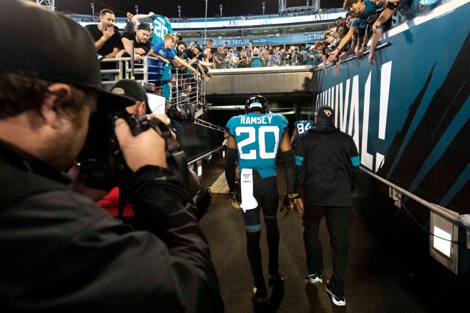Jalen Ramsey leaves the field at EverBank Stadium for the last time on Sept. 19, 2019, following the Jaguars' Thursday' night victory over the Tennessee Titans. He was traded less than a month later.