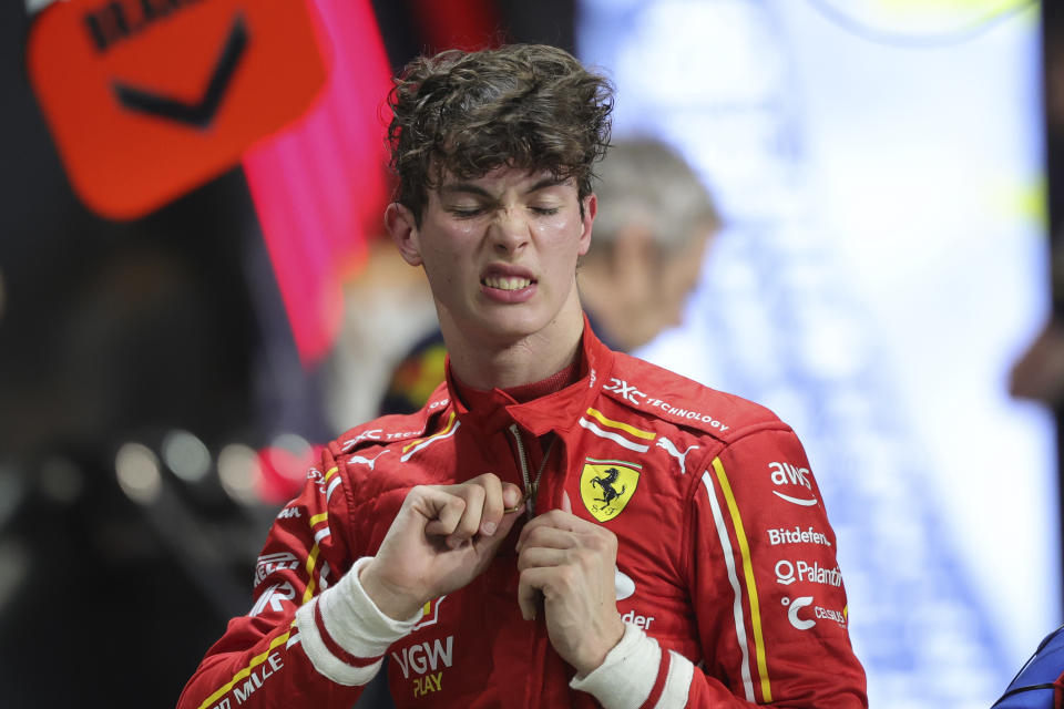 Ferrari driver Oliver Bearman of Britain grimaces at pits during qualifying session ahead of the Formula One Saudi Arabian Grand Prix at the Jeddah Corniche Circuit, in Jedda, Saudi Arabia, Friday, March 8, 2024. Saudi Arabian Grand Prix will be held on Saturday, March 9, 2024. (AP Photo/Giuseppe Cacace/Pool)