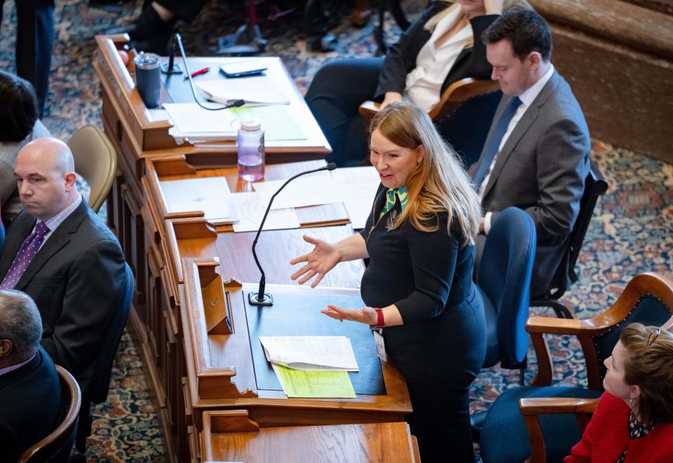 Rep. Lindsay James speaks on the House floor on the first day of the Legislative session, Monday, Jan. 9, 2023.
