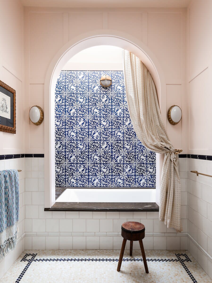 Bathroom Reveal, Arched Shower with blue tiles and curtain