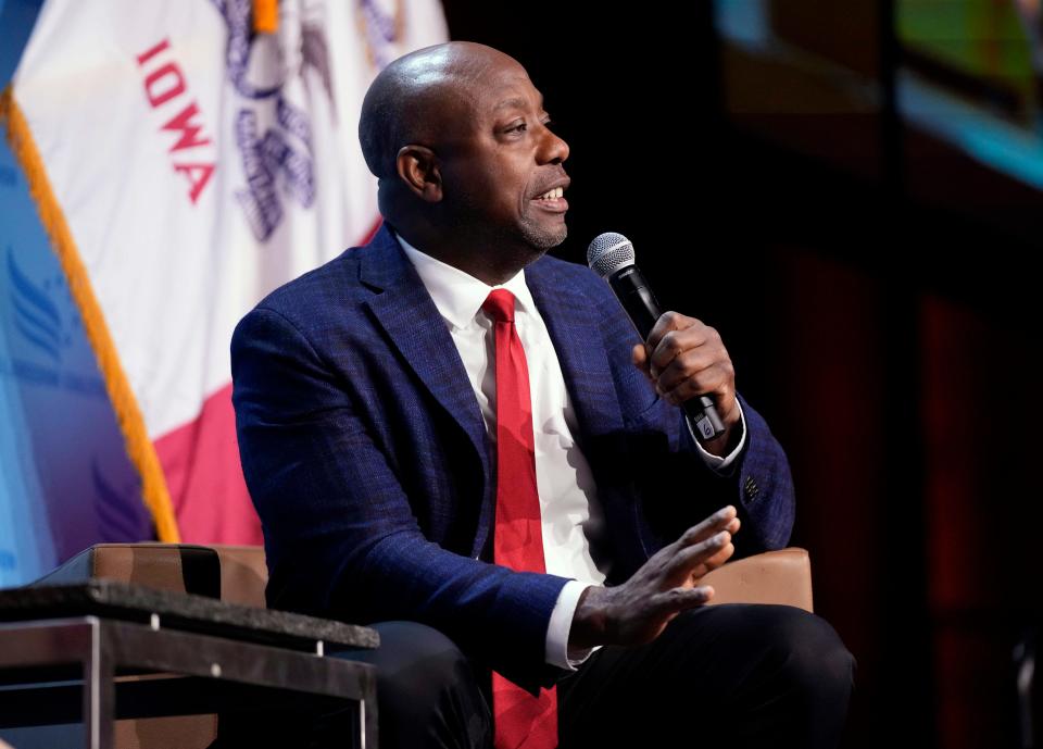 Republican presidential candidate, Sen. Tim Scott, R-S.C., speaks at the Iowa Faith & Freedom Coalition's fall banquet, Saturday, Sept. 16, 2023, in Des Moines, Iowa. (AP Photo/Bryon Houlgrave)