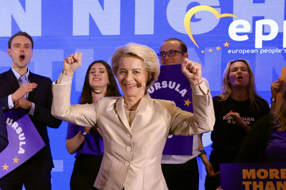 FILE -Lead candidate for the European Commission, current European Commission President Ursula von der Leyen poses during an event at the European People's Party headquarters in Brussels, June 9, 2024. The 65-year-old German politician has been endorsed for a second term as the head of the powerful European Commission. Her bid got a shot in the arm earlier this month as the center-right European People's Party (EPP), which includes von der Leyen's Christian Democratic Union, remained the largest group at the EU Parliament. (AP Photo/Geert Vanden Wijngaert, File)