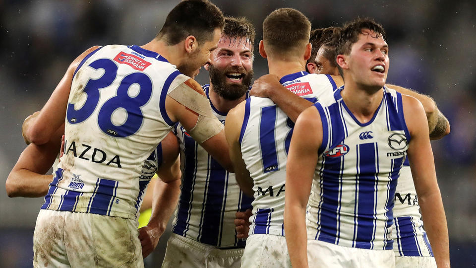 The Kangaroos are one of five AFL teams set to fly to Queensland from Victoria in a bid to escape a potential coronavirus outbreak in their home state. (Photo by Will Russell/AFL Photos via Getty Images)