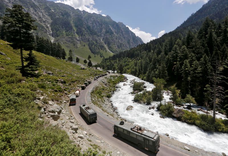 FILE PHOTO: Indian Army convoy moves along a highway leading to Ladakh, at Gagangeer