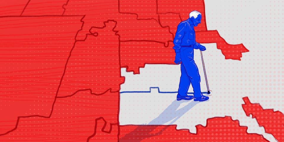 Illustration of a blue-colored old man drawing a redistricting line in the ground with his cane, next to other districted zones colored red