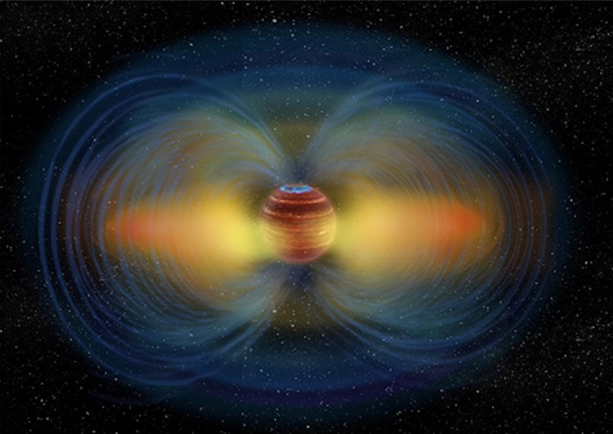  An illustration of an aurora and radiation belt around an ultracool dwarf star.  