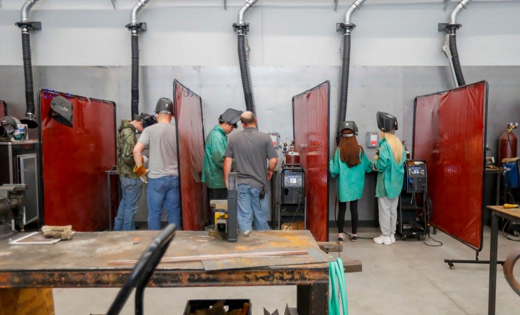 Bowler High School students work on welding projects on Oct. 3 at Bowler Middle/High School in Shawano County. The district opened a $3 million expansion of its career and technical education spaces in the 2023-24 school year.