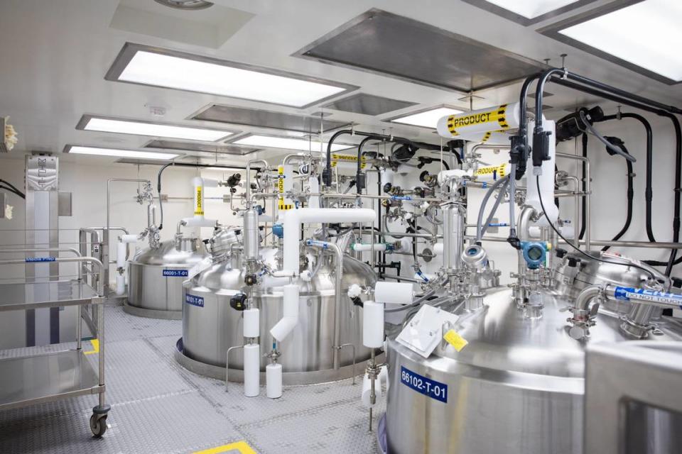 An Amgen manufacturing facility in Thousand Oaks, California. The company is adding manufacturing capacity in Holly Springs, North Carolina. Aug. 3, 2021.